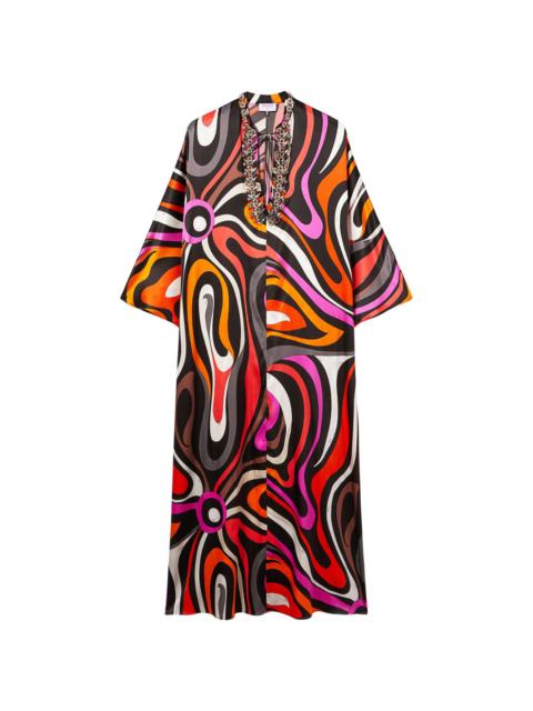 Marmo-print bead-embellished kaftan dress