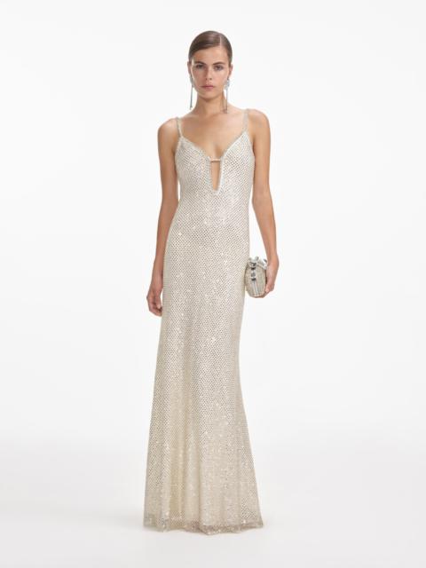 self-portrait Cream Square Rhinestone Fishnet Maxi Dress