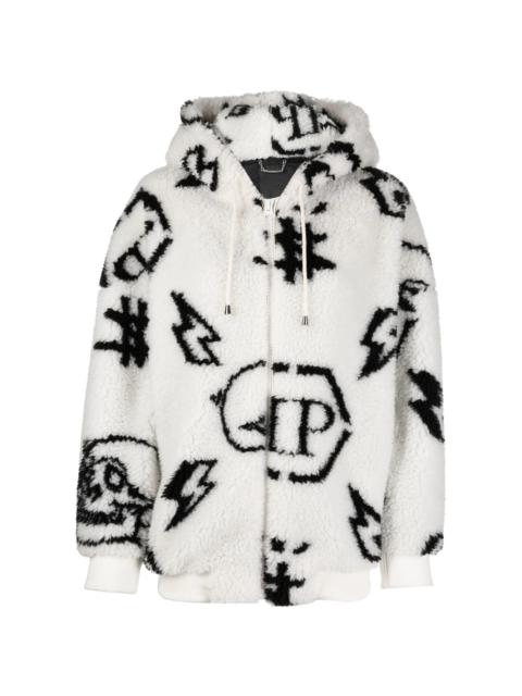 motif-print zip-fastening hoodie