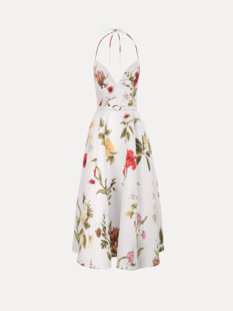 Oscar de la Renta CHINÉ DOMINICAN MIXED-FLORAL FAILLE COCKTAIL DRESS