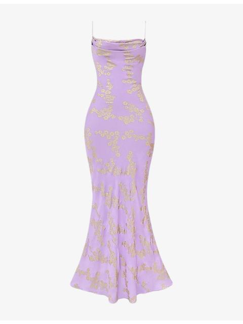 House of CB Capriana metallic floral-jacquard satin maxi dress