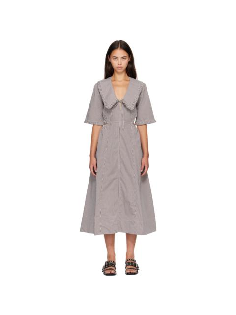 GANNI Brown & White Check Cotton Cut Out Midi Dress
