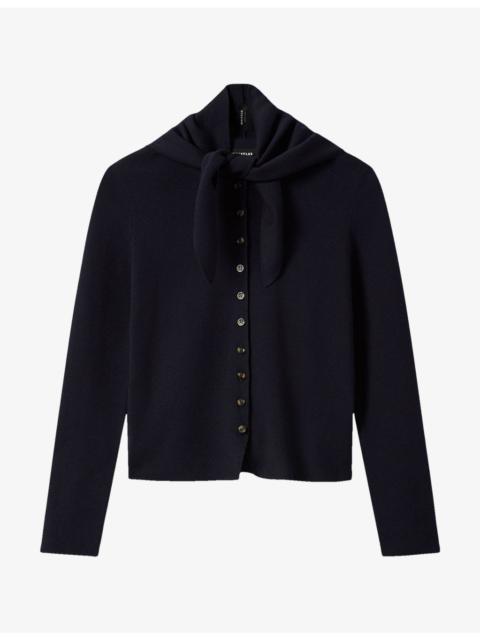 WHISTLES Detachable-Scarf Round-Neck Cotton-Blend Cardigan