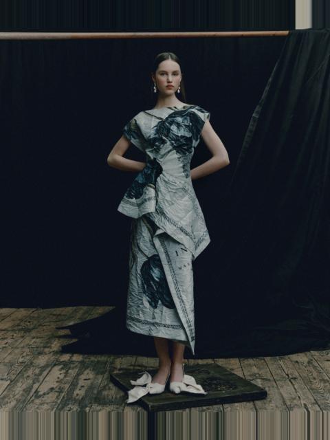 FLORAL PRINT TEXTURED SATIN DRAPED MIDI SKIRT