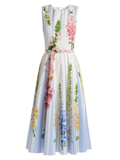 Oscar de la Renta Women's Pleated Foxgloves-Print Cotton Poplin Midi-Dress - Light Blue Mult