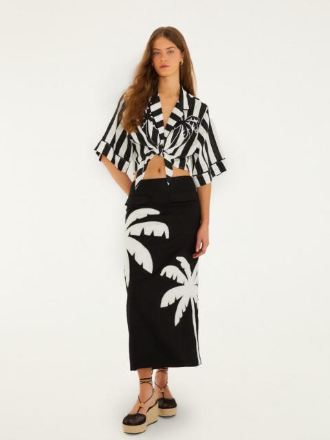 FARM RIO Black Embroidered Palm Tree Euroflax Premium Linen Maxi Skirt