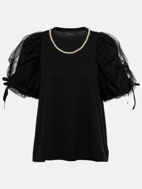Puff-sleeve jersey and tulle top