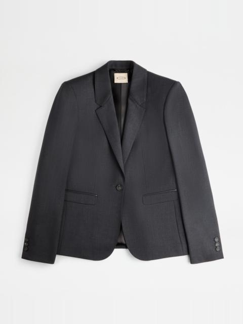 Tod's BLAZER WITH LEATHER DETAILING - GREY