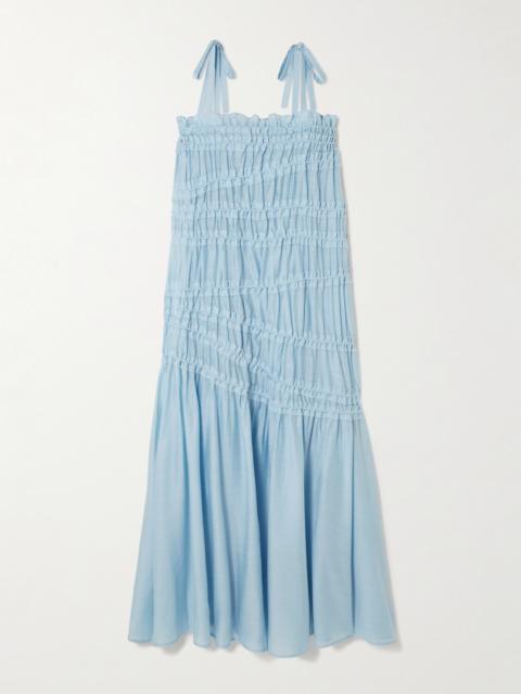 TORY BURCH Tie-detailed Smocked Lyocell-blend Midi Dress
