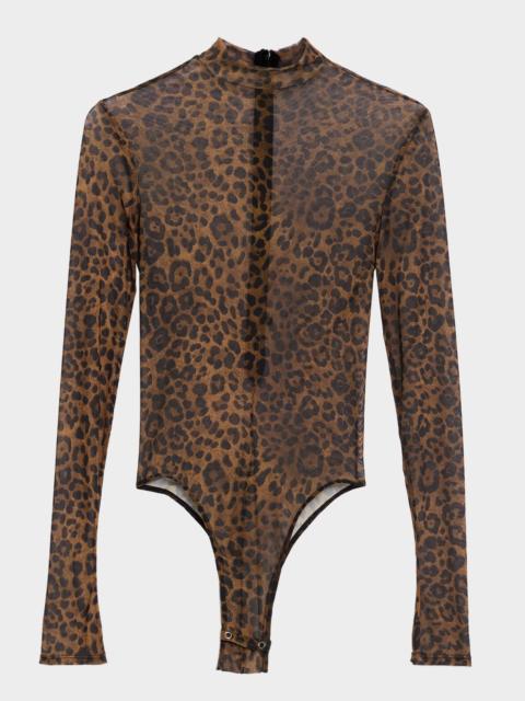 LAPOINTE Leopard-Print Mesh Bodysuit