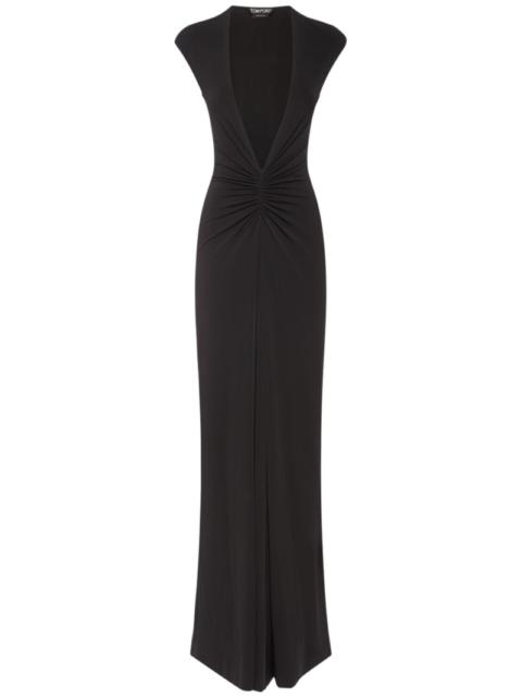 Stretch sable jersey draped long dress