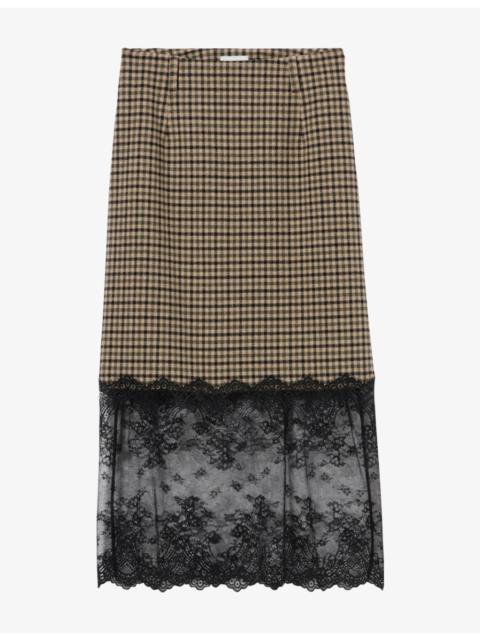 Claudie Pierlot Lace-Hem Checked Wool-Blend Midi Skirt