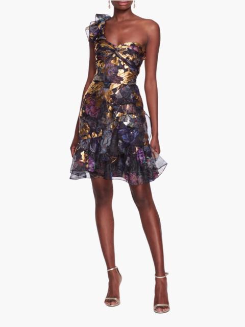 Marchesa ONE SHOULDER FOILED COCKTAIL MINI DRESS