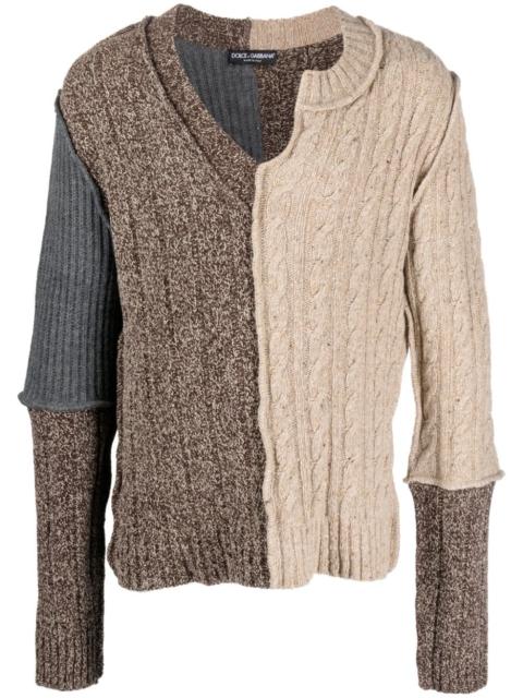 asymmetric-neck patchwork-design jumper