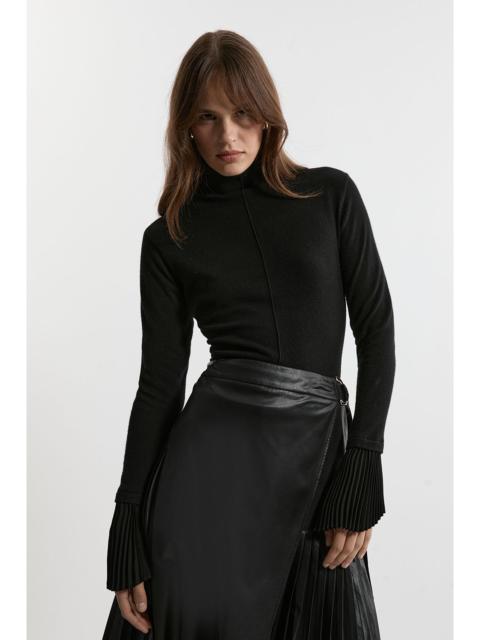 KAREN MILLEN Wool and Alpaca Blend Knit Top With Pleated Silk Woven Cuffs