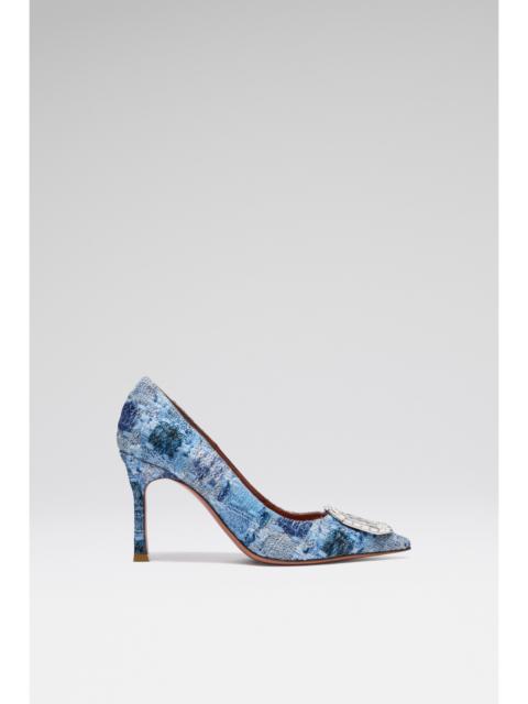 Amina Muaddi CAMELIA PUMP 90 BLUE TWEED AND WHITE BUCKLE