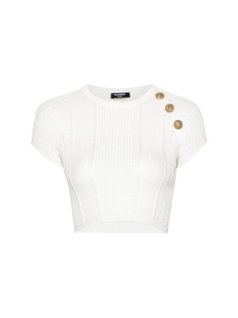 3-Button open-knit cropped top