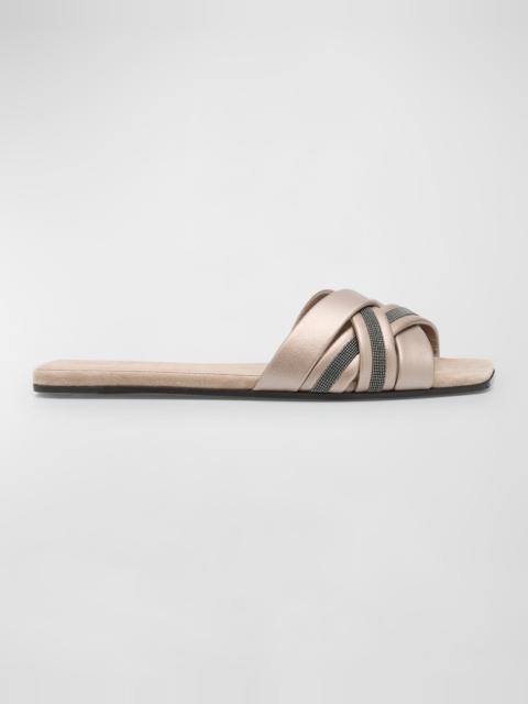 Brunello Cucinelli Metallic Leather Crisscross Slide Sandals