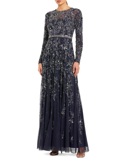 MAC DUGGAL Women's Floral-Embellished Mesh A-Line Gown - Midnight