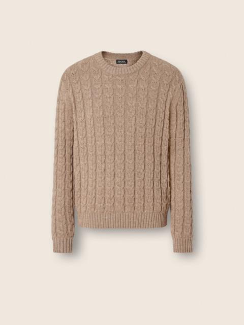 ZEGNA BEIGE MÉLANGE LINEN CASHMERE AND SILK CREWNECK