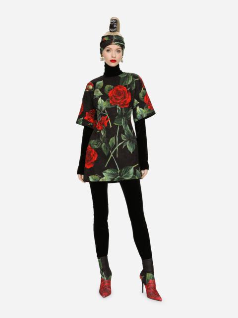Short brocade dress with red rose print