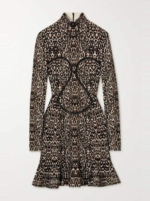 Ruffled leopard jacquard-knit turtleneck mini dress