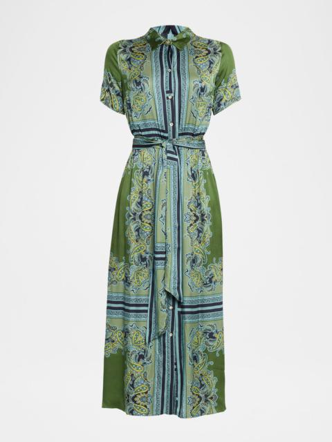 MISA Esmeralda Scarf-Print Satin Midi Shirtdress