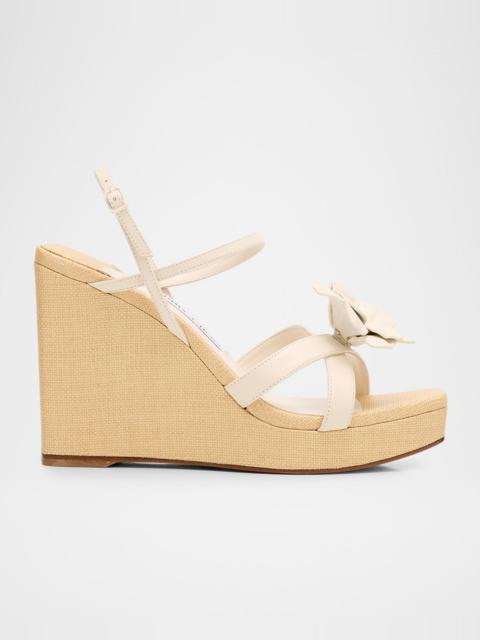 JIMMY CHOO 110mm Elsy Flower Leather Wedge Sandals