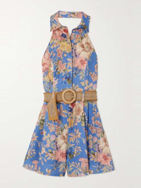 Zimmermann August belted floral-print linen halterneck playsuit