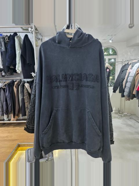 BALENCIAGA Balenciaga Black Distressed Wash Appliqué Logo Hooded Sweater