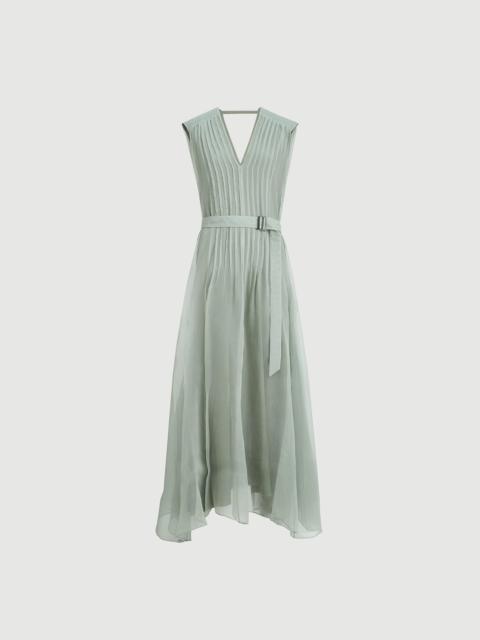 Brunello Cucinelli Crispy silk belted dress with pleated detail and precious strap