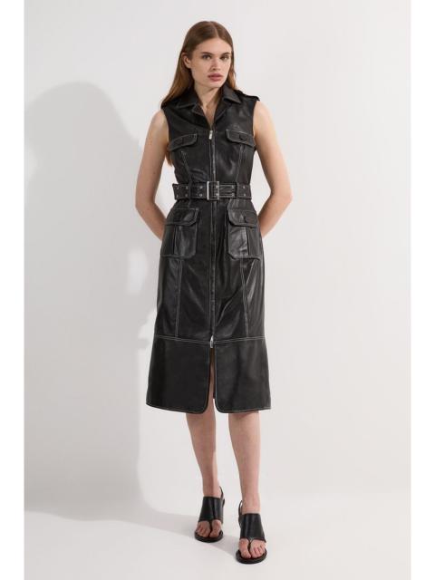 KAREN MILLEN Petite Leather Contrast Stitch Belted Sleeveless Midi Dress