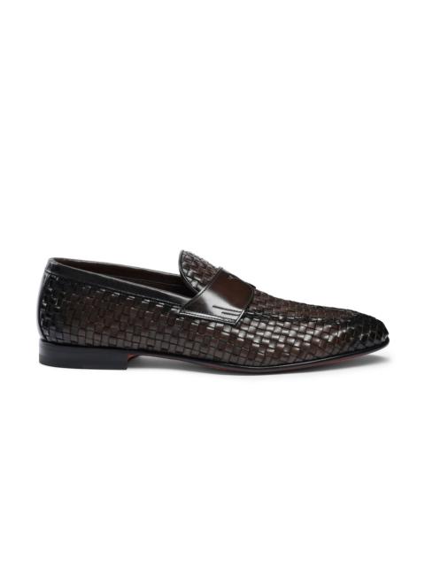 Santoni Men's brown woven leather loafer