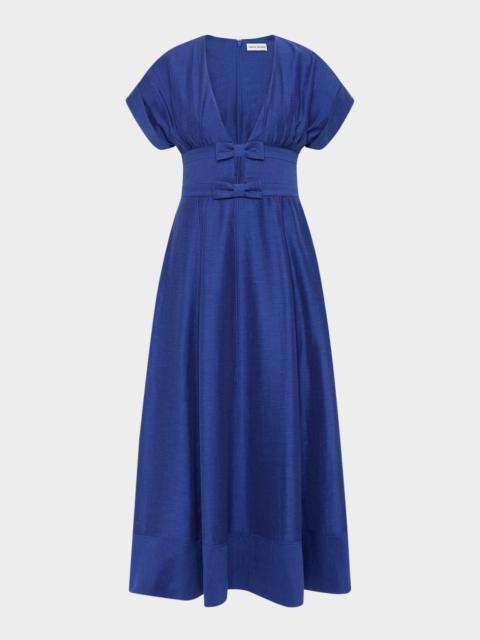 REBECCA VALLANCE Cera Deep V-Neck Bow Midi Dress