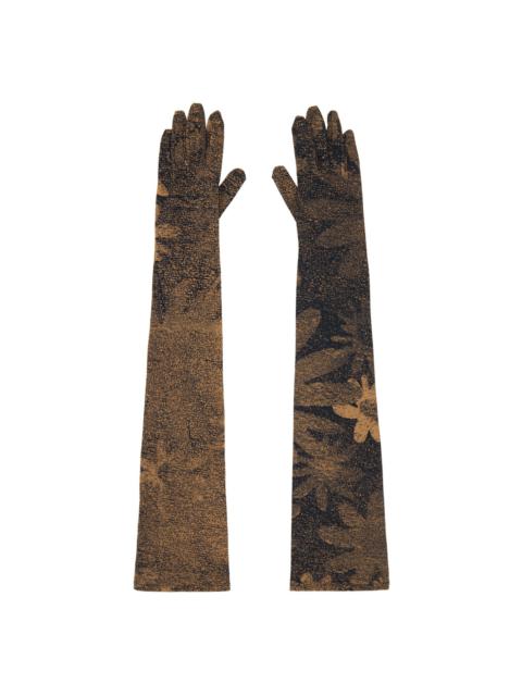 Tan & Black Printed Floral Gloves