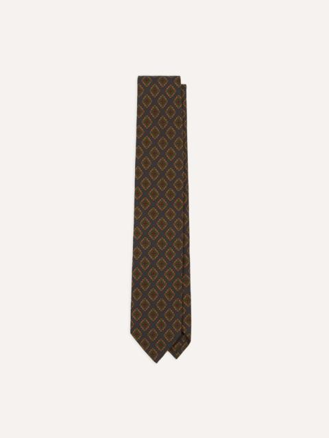 Drake's Navy Square Flower Medallion Print Wool-Silk Self Tipped Tie