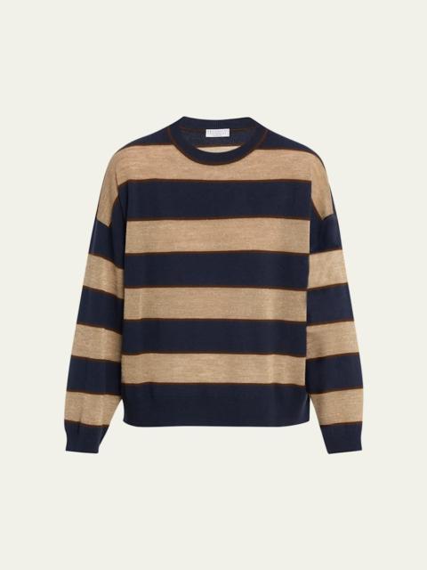 Brunello Cucinelli Shimmering Striped Wool-Cashmere Crewneck Sweater