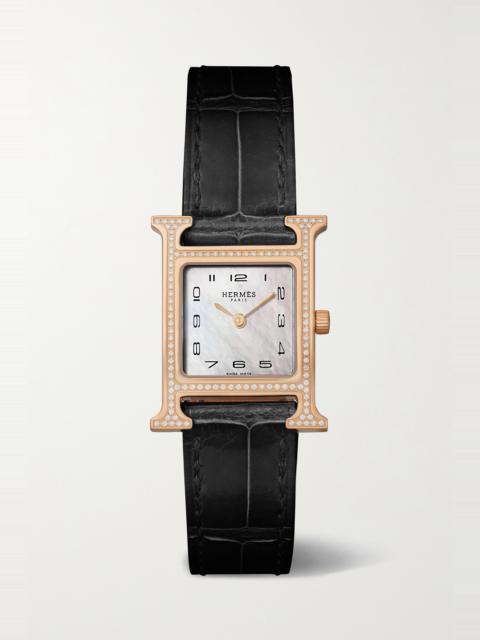 Hermès Heure H 25mm small 18-karat rose gold, alligator, mother-of-pearl and diamond watch