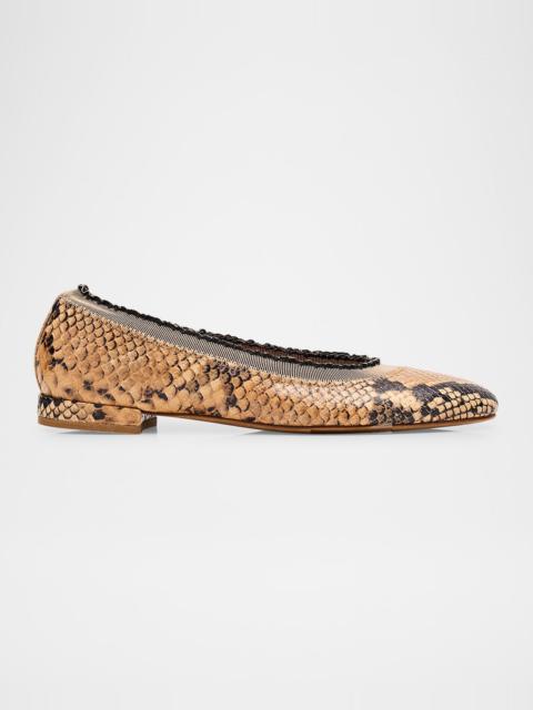 ULLA JOHNSON Elise Ruffle Snakeskin-Print Leather Ballet Flats