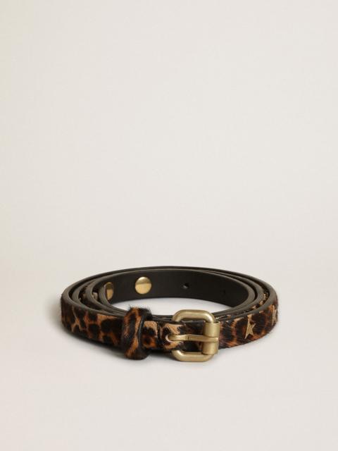 Women's belt in black and brown leopard print pony skin with studs