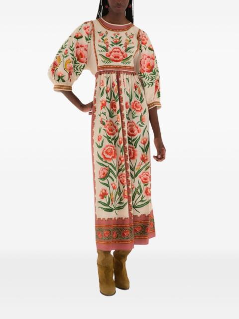 floral-embroidered puff-sleeve midi dress