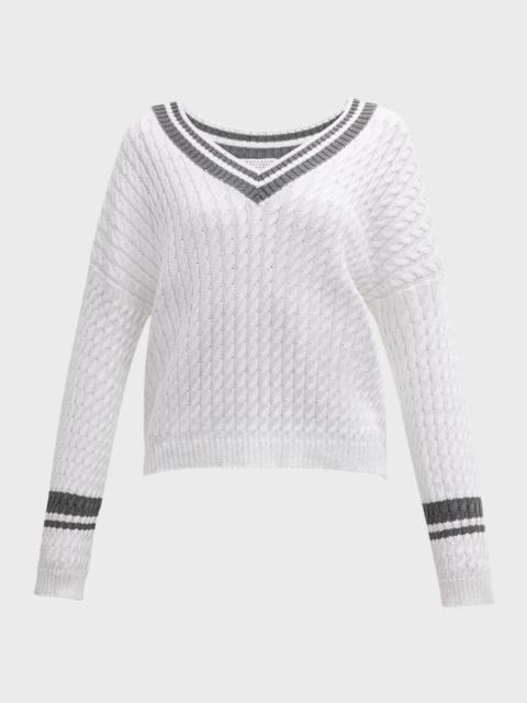 Tennis Stripe Diamante Cable-Knit Sweater