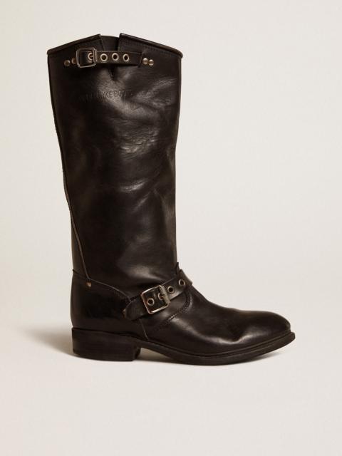Golden Goose High Biker boots in black leather with silver studs and buckles