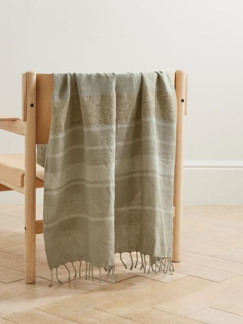 Brunello Cucinelli Fringed striped metallic linen-blend blanket Beige