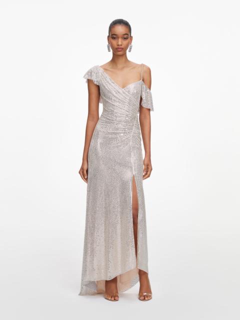 self-portrait Champagne Rhinestone Ruffle Draped Maxi Dress