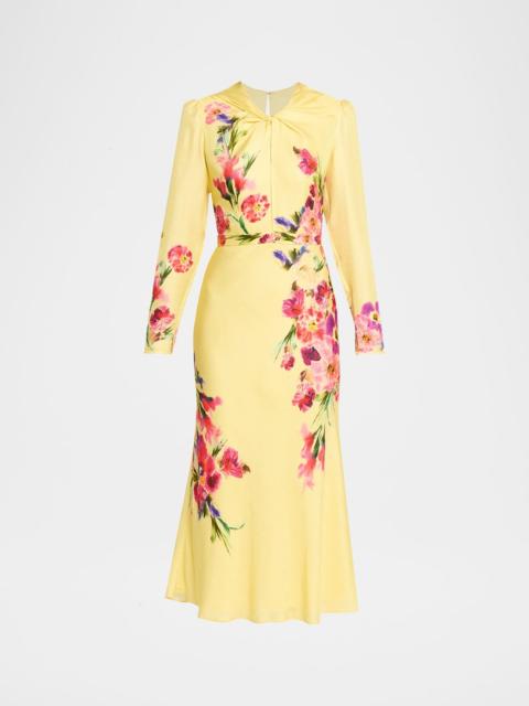 SALONI Claudia Floral Silk Long-Sleeve Fluted Midi Dress