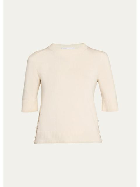 Oscar de la Renta Short-Sleeve Button-Side Crewneck Sweater