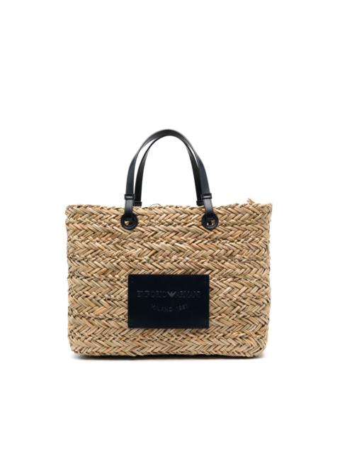 logo-patch woven-raffia tote beg