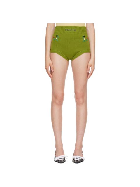 Marni Green Wool-Cashmere Flower Embroidery Brief Shorts
