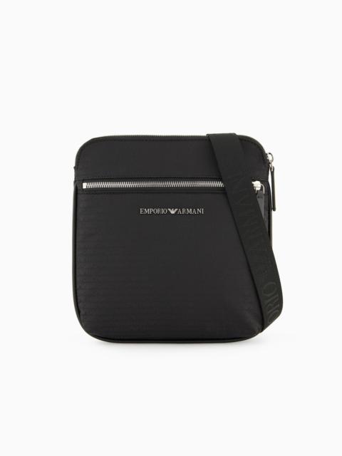 EMPORIO ARMANI Flat shoulder bag in nylon with all-over jacquard logo lettering